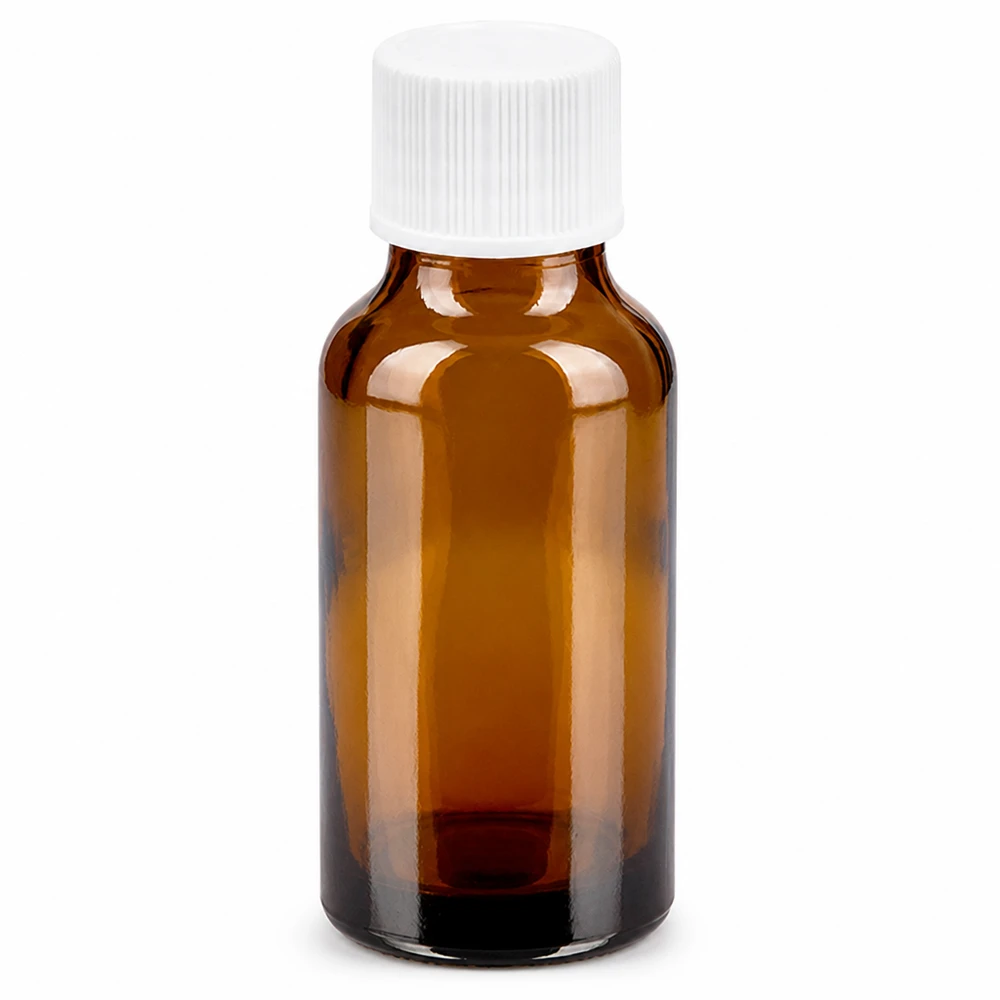 Frasco 20ml 11mm tapón rosca blanco Standard BrownLine UT18/20 Frasco de vidrio ámbar de 20 ml con tapón de rosca blanco para medicamentos y cosméticos