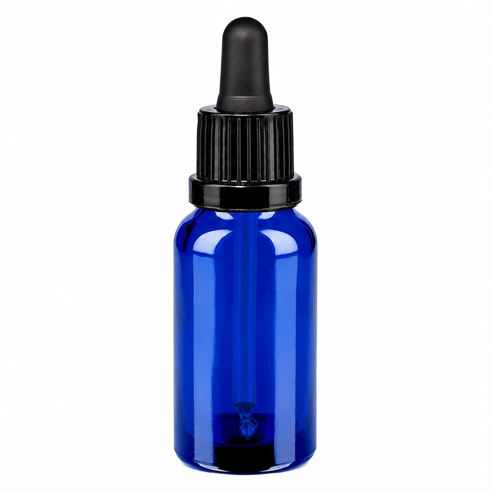 Frasco pipeta de 20 ml de vidrio azul con pipeta negra y tapón de rosca para una dosificación precisa