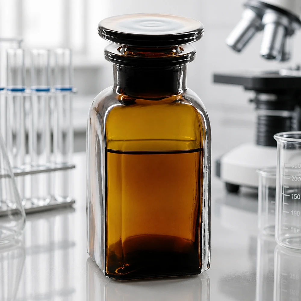Frasco protector contra la luz de 100 ml, de vidrio ámbar y forma cuadrada, con tapón de vidrio hermético, para productos químicos de laboratorio