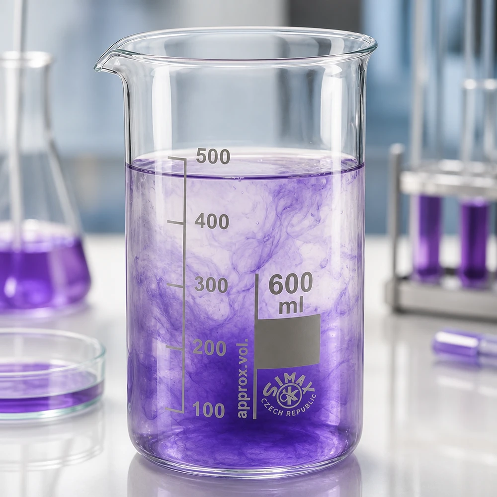 Vaso de 600 ml de vidrio de borosilicato, forma alta Vaso de precipitados de 600 ml, de forma alta, de vidrio borosilicato, con líquido violeta y escala, de laboratorio