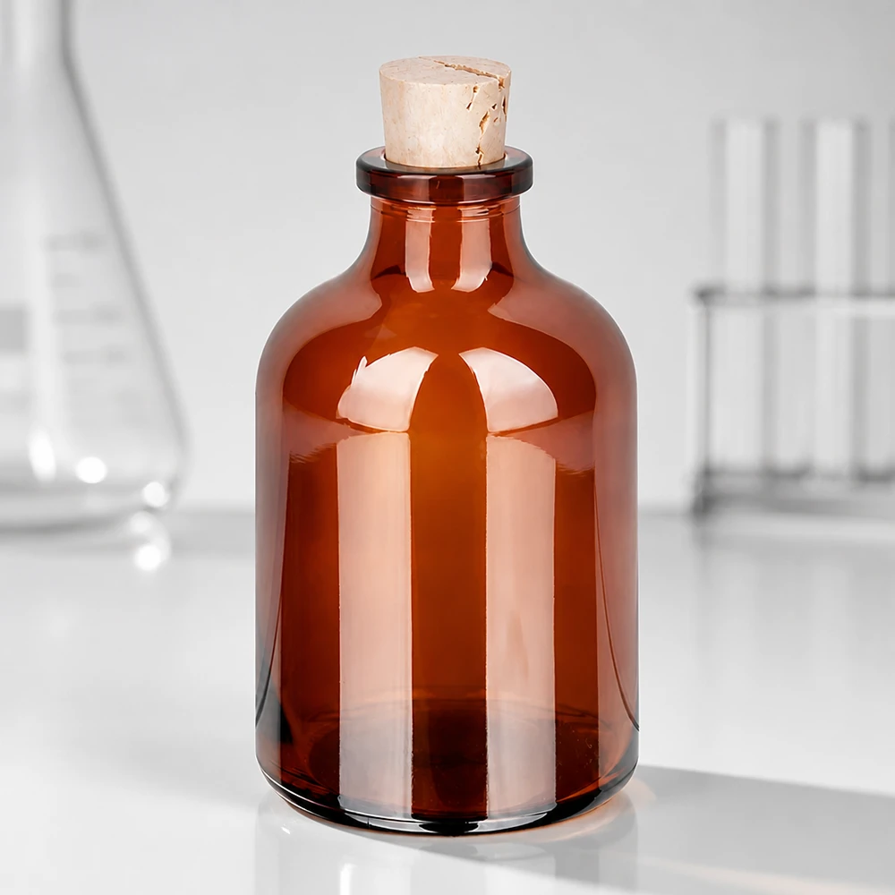 Botella de vidrio ámbar 50ml con corcho 11/14mm Bernsteinfarbene Laborflasche 50ml mit Kork für Proben und Reagenzien