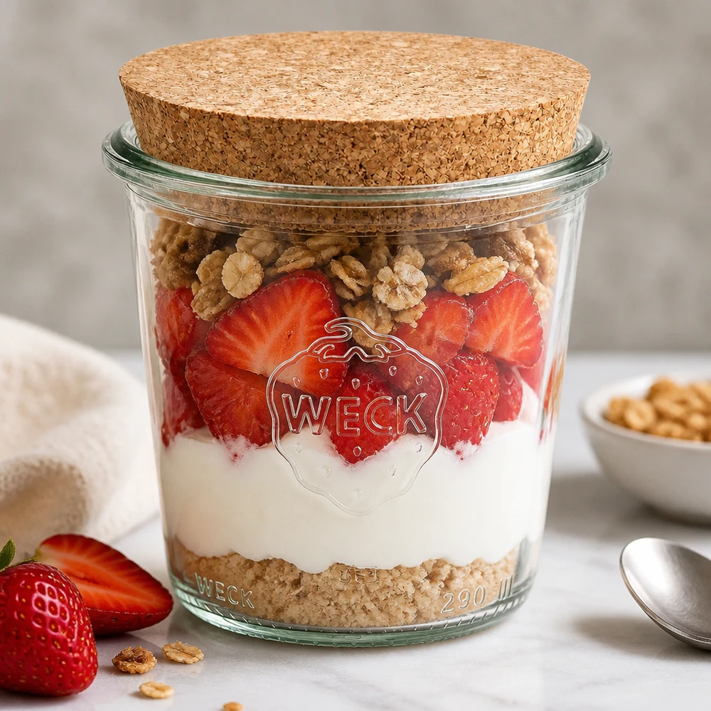 Vaso WECK 290ml RR80 con tapa de corcho como tarro de postre relleno por capas con fresas, yogur y frutos secos