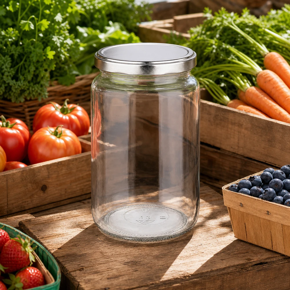 Tarro redondo 795ml con tapa BasicSeal plata UNiTWIST Tarro redondo de 795 ml con tapa BasicSeal en una cocina rústica al aire libre rodeado de fruta y verdura fresca
