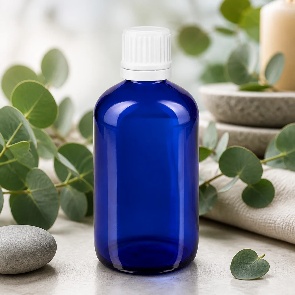 Botella de farmacia azul 100ml tapón cuentagotas 1.2mm blanco inviolable Frasco de farmacia de 100 ml en color azul con tapón cuentagotas blanco, entre ramas de eucalipto y piedras de spa