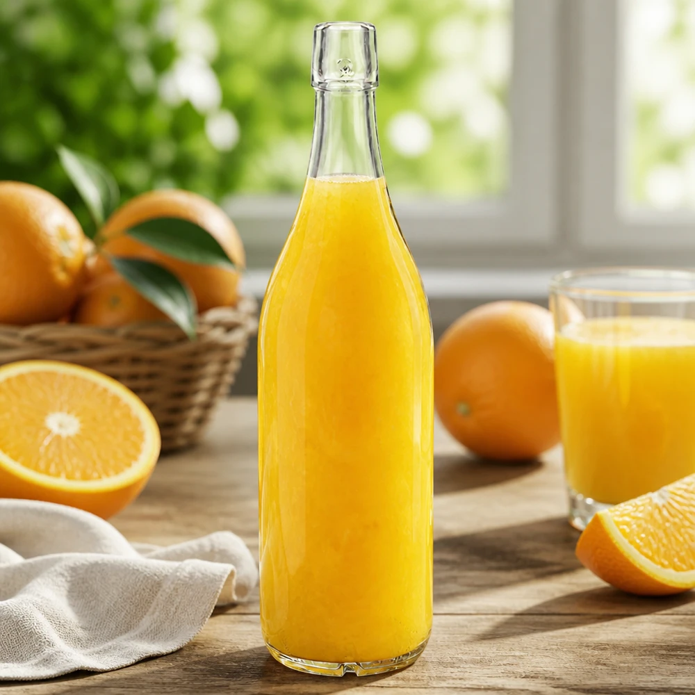 Botella de vidrio de 1000 ml sin tapón giratorio UNiTWIST Botella de cristal 1000ml UNiTWIST llena de zumo de naranja naranjas frescas mesa de cocina luz natural saludable