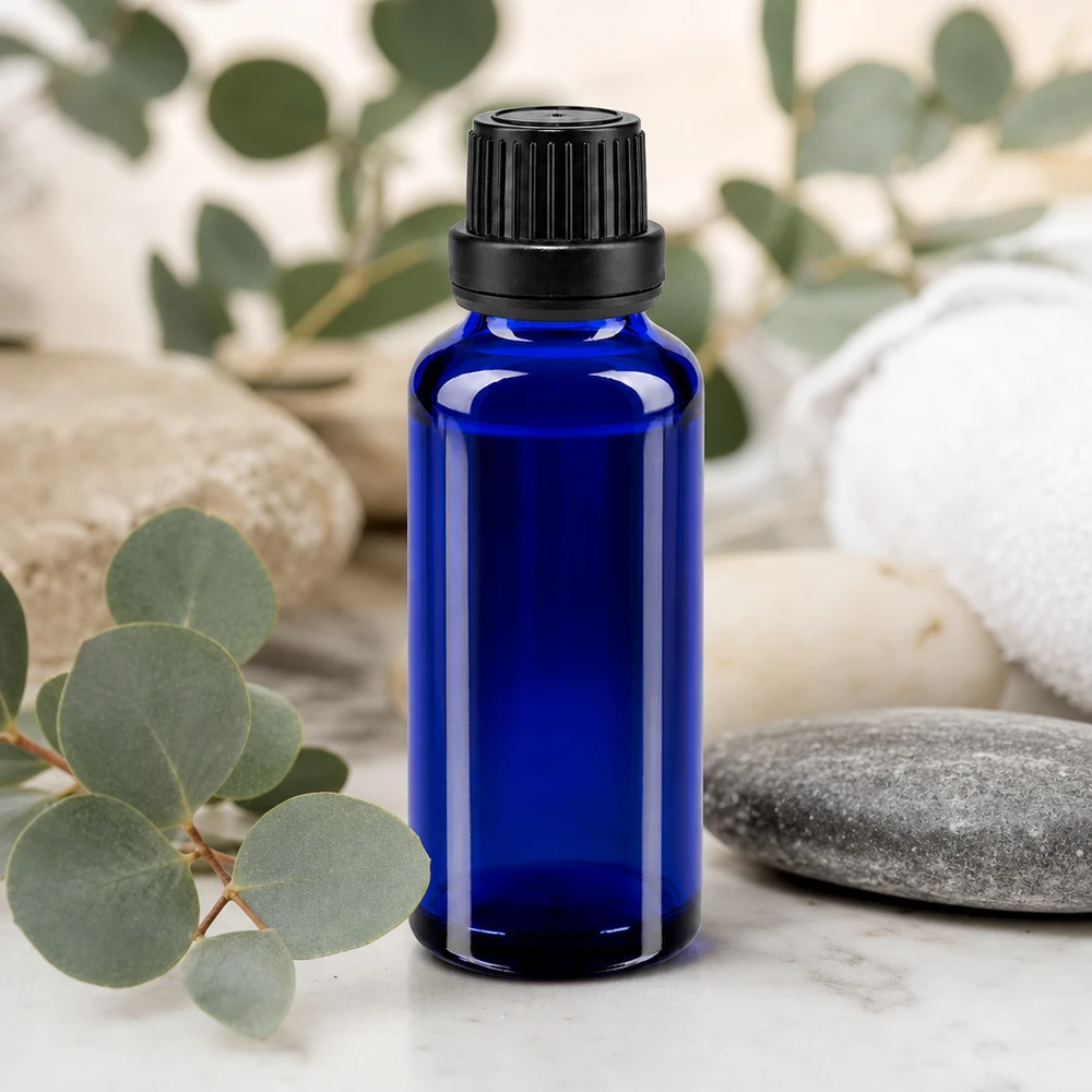 Frasco cuentagotas de 30 ml de color azul cobalto, fabricado en vidrio de farmacia, con tapón de seguridad para niños y precinto de originalidad de color negro