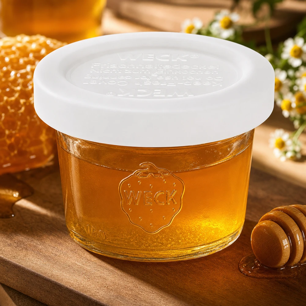 Vasos WECK RR40 de 35 ml con miel en un entorno natural con panal y manzanilla, auténtica presentación del producto