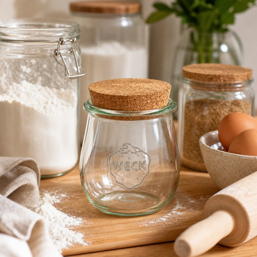WECK tarro tulipán 220ml RR60 con tapa de corcho en cocina rústica con ingredientes para hornear harina y huevos sobre tabla de madera