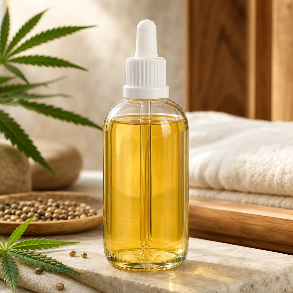 Frasco con pipeta ClearLine de 100 ml con gotero blanco y planta de cáñamo para aplicaciones con aceite de CBD