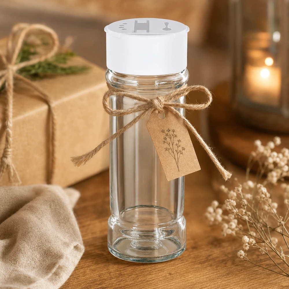 Frasco para sal y especias de 100 ml con dosificador doble, color blanco Frasco para sal y pimienta de 100 ml con espolvoreador doble blanco, decorado con un lazo de yute como regalo rústico