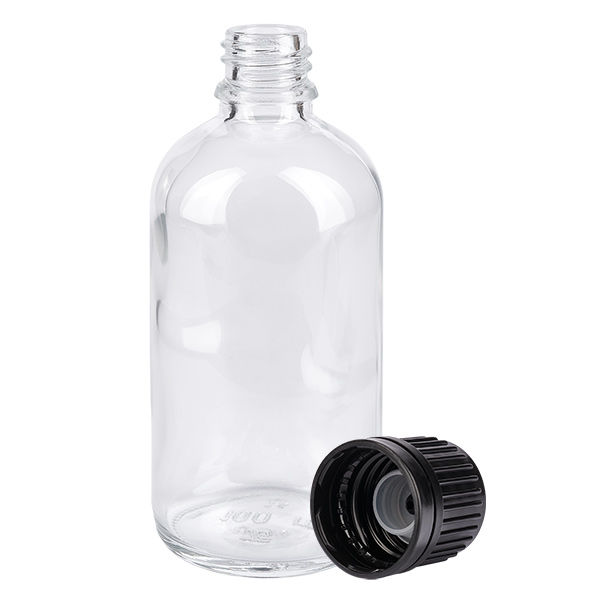 Botella de 100ml (Globul)Flas. 3mm GR s. STD ClearLine UT18/1 Frasco transparente de 100 ml para glóbulos, de cristal transparente con tapón de plástico negro