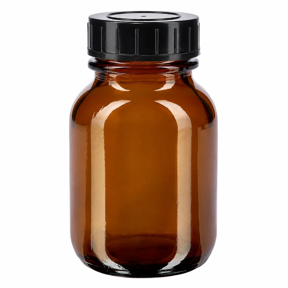 Botella de cuello ancho de 50 ml de vidrio ámbar con tapón de rosca negro para un almacenamiento seguro