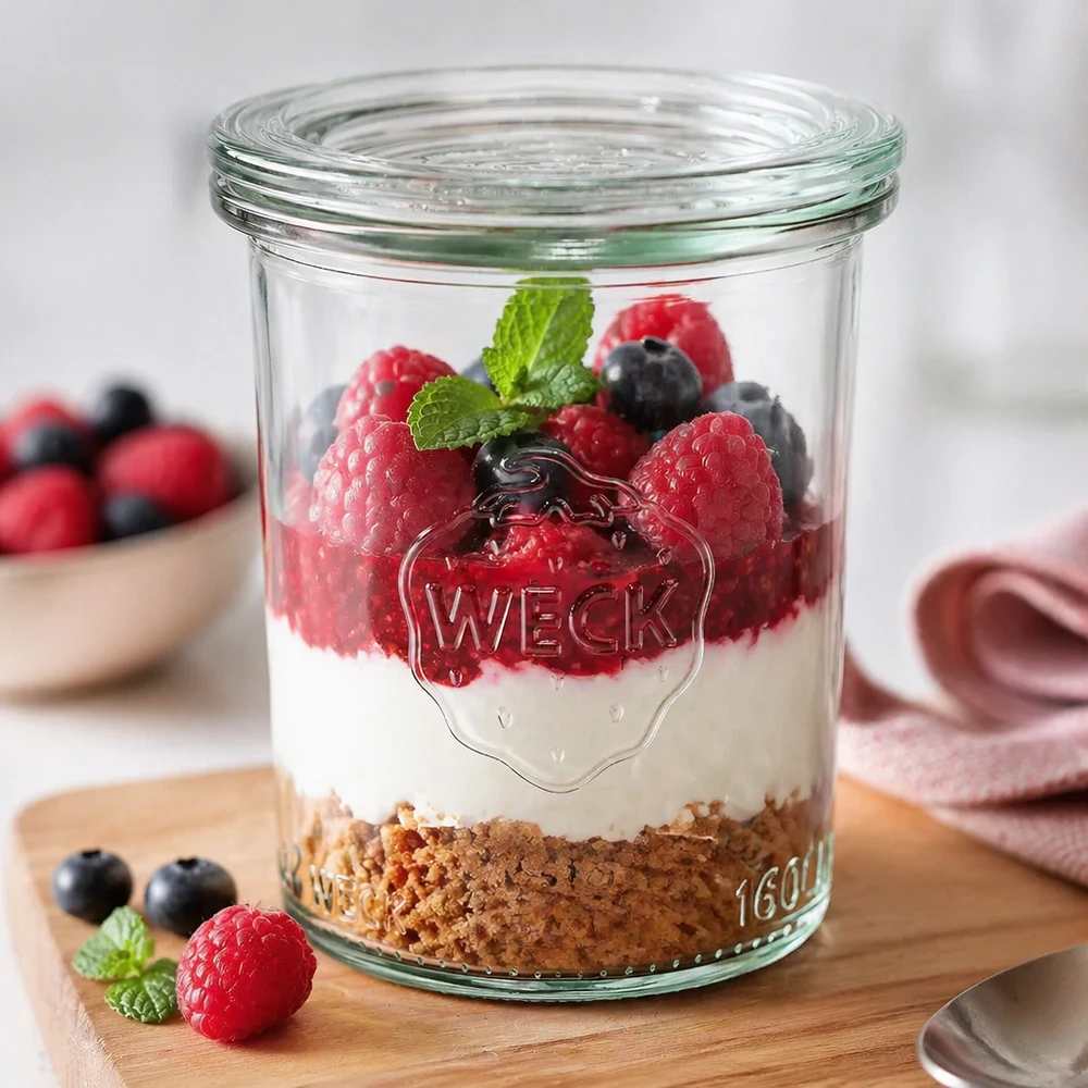 Tarro de cristal WECK de 160 ml relleno de postre a base de galleta, nata y bayas como ejemplo de aplicación