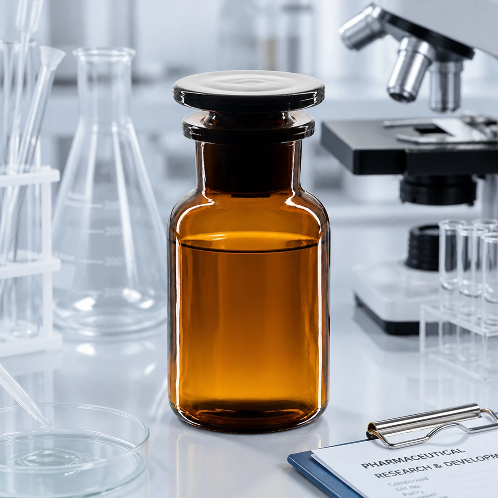 Botella de hombro redondo 100ml marrón cuello ancho tapón de vidrio Frasco farmacéutico de vidrio ámbar de 100 ml, de cuello ancho, con tapón de vidrio, sobre una mesa de laboratorio blanca