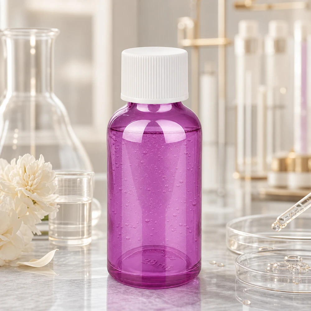 Frasco pequeño de laboratorio de 30 ml de color violeta transparente con tapón de rosca blanco para muestras