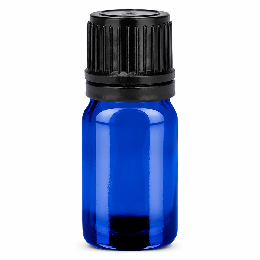 Frasco de 5 ml con tapón de rosca de 11 mm negro con precinto de seguridad BlueLine UT18/5 Frasco de cristal azul de 5 ml con tapón de rosca negro para aceites esenciales y aromaterapia