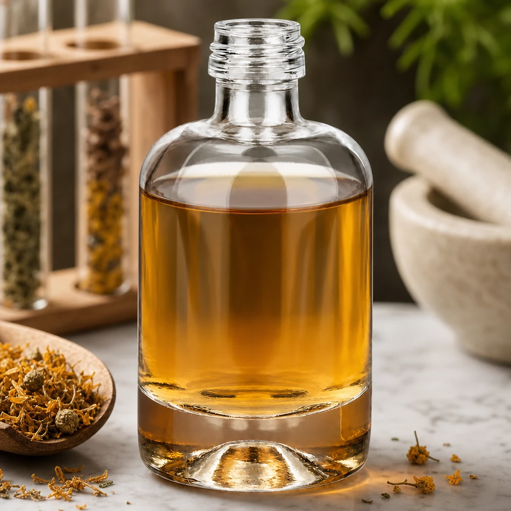 Botella de cristal Sara de 40 ml con líquido amarillo dorado en un ambiente de hierbas naturales con mortero y flores secas