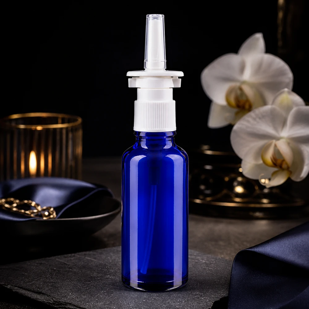 Frasco de farmacia azul de 30 ml para spray nasal, con cabezal dosificador blanco y punta de aplicación transparente