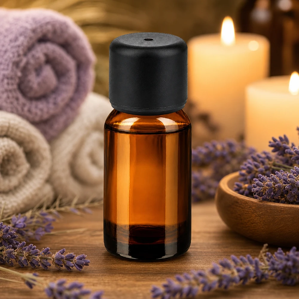 Frasco de farmacia de 10 ml de vidrio ámbar con protección UV y tapón negro para aceites sensibles a la luz