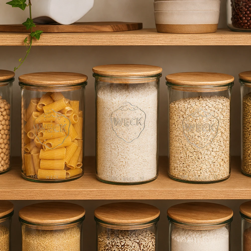 Tarros WECK de 1000 ml con tapa de madera como tarros para guardar pasta, arroz y avena en una cocina organizada