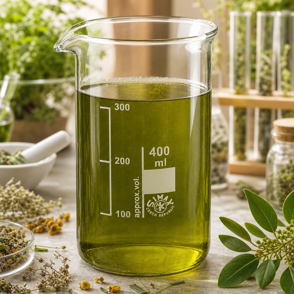 Vaso de cristal de 400 ml, de forma alta, con extracto de hierbas verdes rodeado de plantas medicinales frescas y flores secas