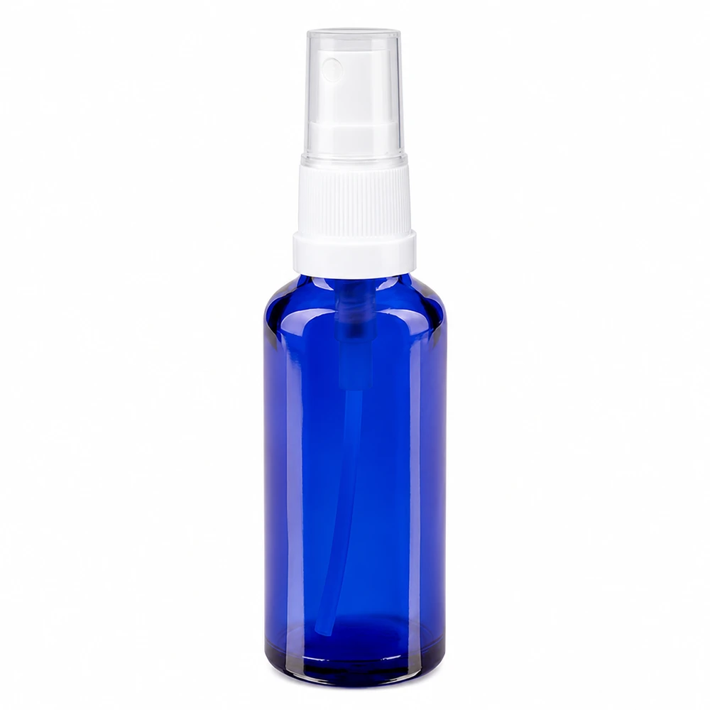 Frasco pulverizador de 30 ml de cristal azul de farmacia con cabezal pulverizador blanco y tapón protector transparente