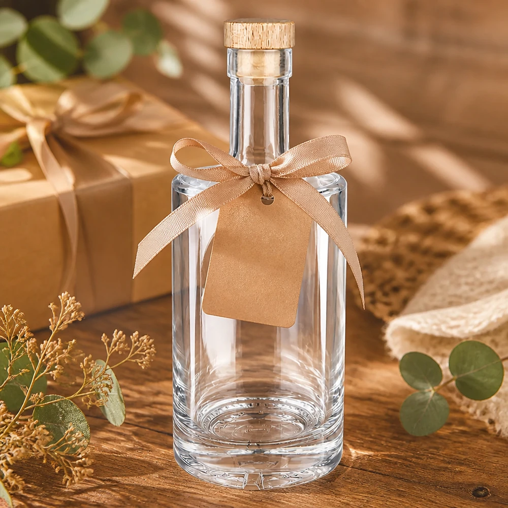 Botella de vidrio de 500 ml «Nora» con tapón de corcho con asa de madera UNiTWIST® Botella de cristal de 500 ml Caja de regalo Nora con lazo Etiqueta de papel kraft Corcho de madera UNiTWIST Decoración de eucalipto
