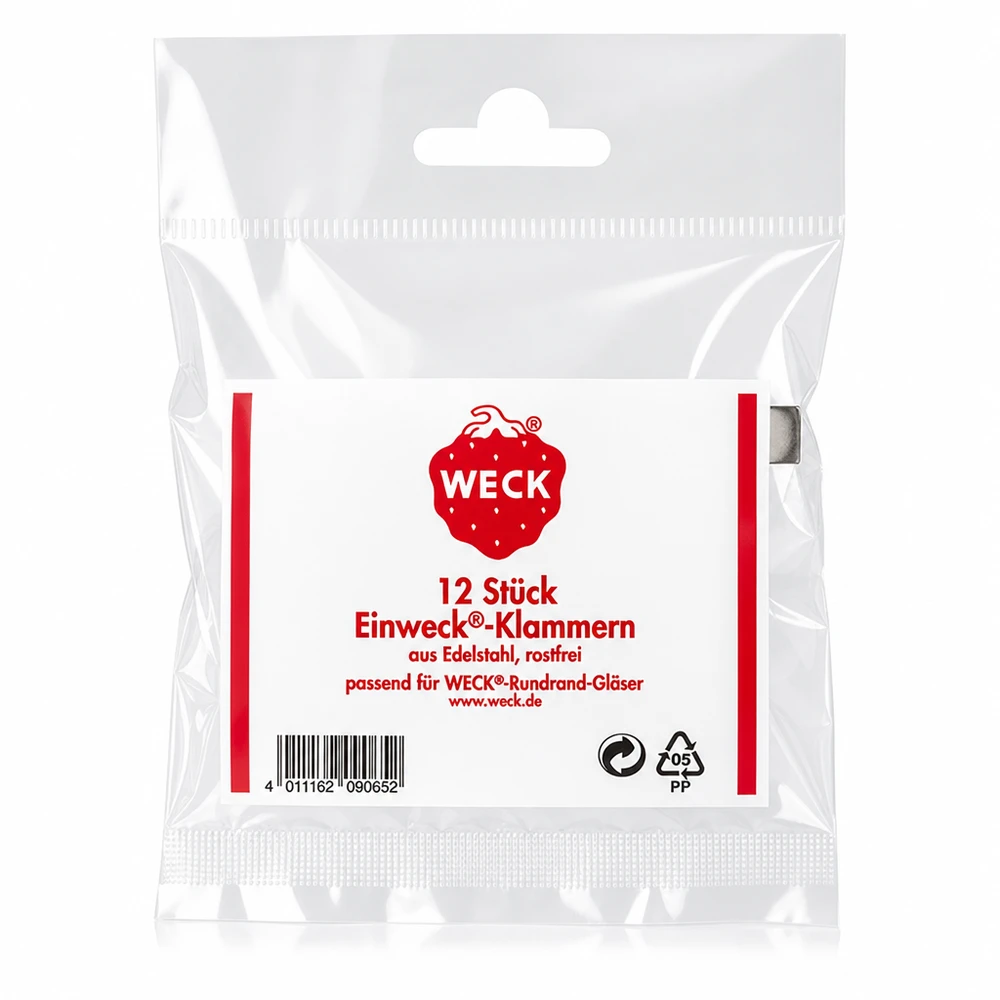 Pinzas originales WECK (paquete(s) de 12) WECK Klammern Verpackungsrückseite mit Produktdetails 12 Stück Edelstahl rostfrei für Rundrand Gläser Original