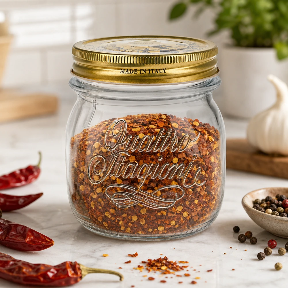 Tarro redondo "Quattro Stagioni" de 250ml con tapa Tarro redondo Quattro Stagioni de 250 ml con tapa dorada lleno de mezcla de especias de guindilla sobre la encimera de la cocina