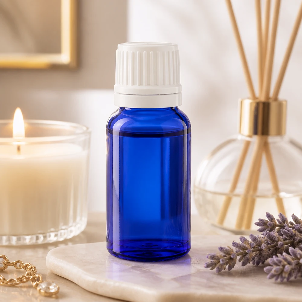 Botella de farmacia azul 10ml tapón rosca cierre inviolable blanco Frasco cuentagotas de 10 ml de color azul cobalto, de vidrio de farmacia, con tapón de seguridad blanco