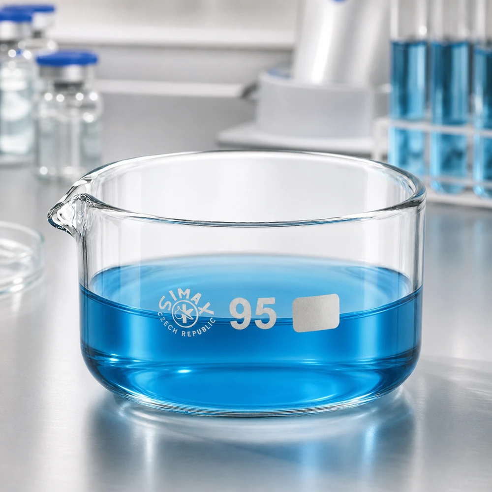 Cristalizador 300ml con pico borosilicato ø95mm Líquido azul en una palangana de laboratorio plana de 300 ml, de vidrio borosilicato, con boca de vertido de 95 mm de diámetro, SIMAX