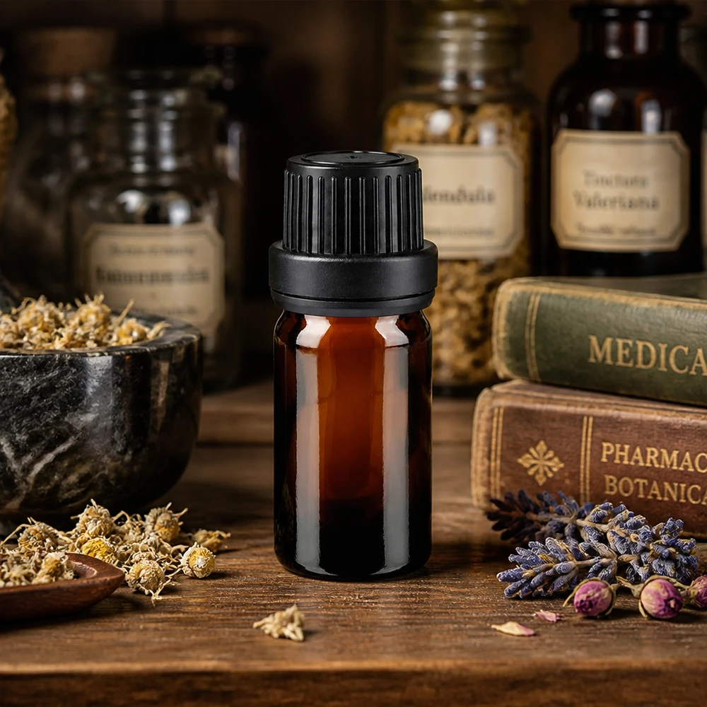 Frasco de farmacia de 5 ml de vidrio ámbar con tapón de seguridad negro de 11 mm, inspirado en los libros históricos de hierbas medicinales