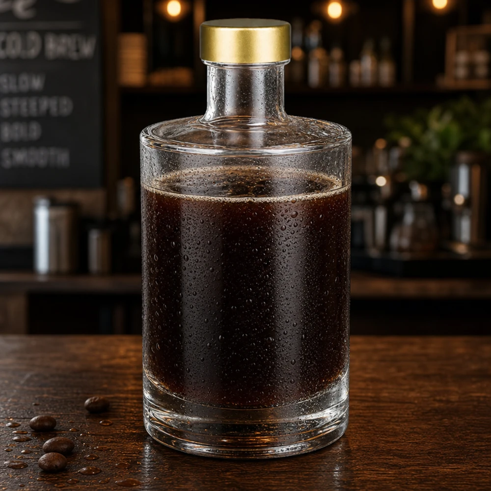 Botella de vidrio de 375 ml «Sam» + tapón de rosca dorado UNiTWIST® 375ml Glasflasche Sam mit Kaffeespezialität gefüllt goldener Schraubverschluss UNiTWIST Café Atmosphäre Kaltgetränk