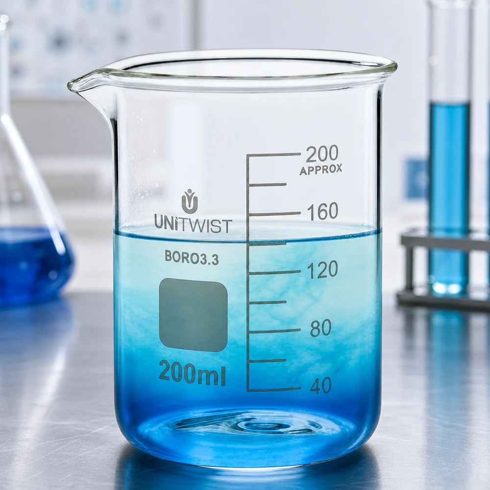 Vaso 200 ml borosilicato, molde bajo UNiTWIST Vaso de laboratorio transparente de 200 ml con graduación hasta 200 ml y pico vertedor de vidrio borosilicato 3.3