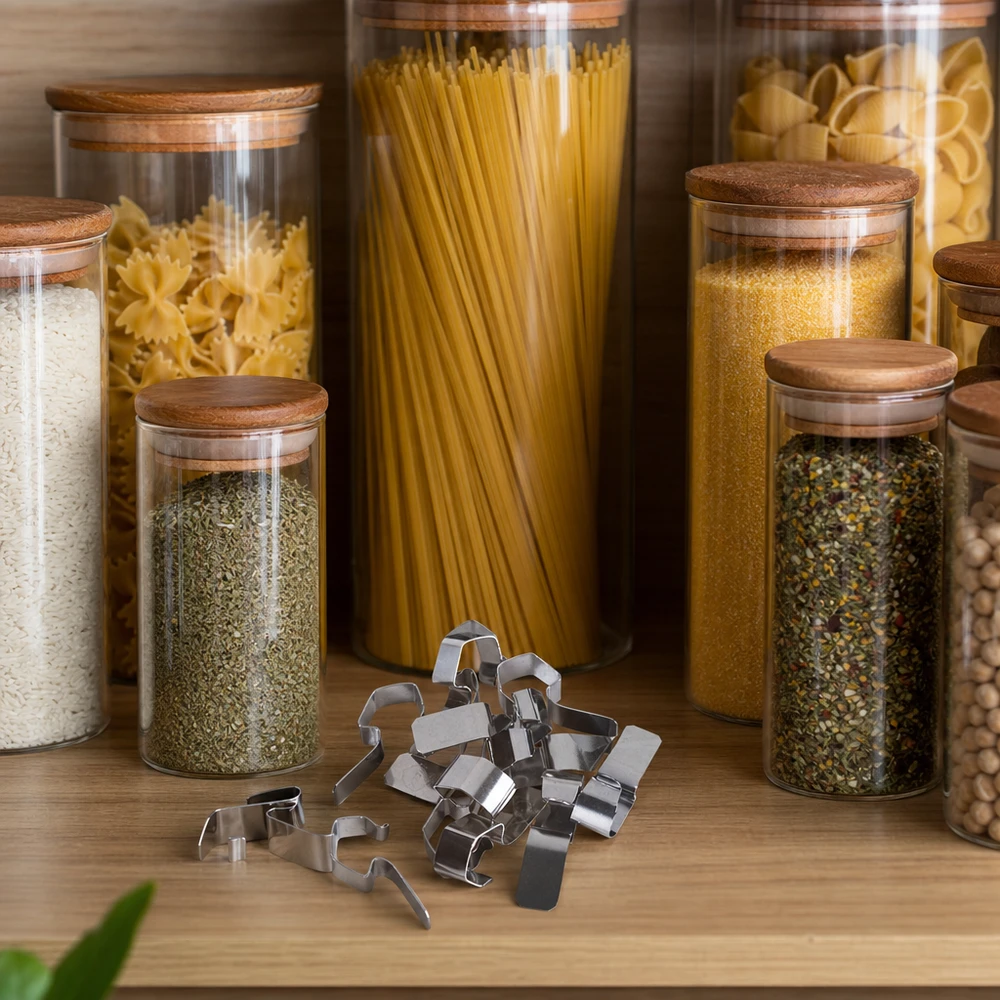 Pinza para conservas Pinzas de acero inoxidable para conservas sobre una mesa de madera junto a tarros con especias para pasta y utensilios de cocina