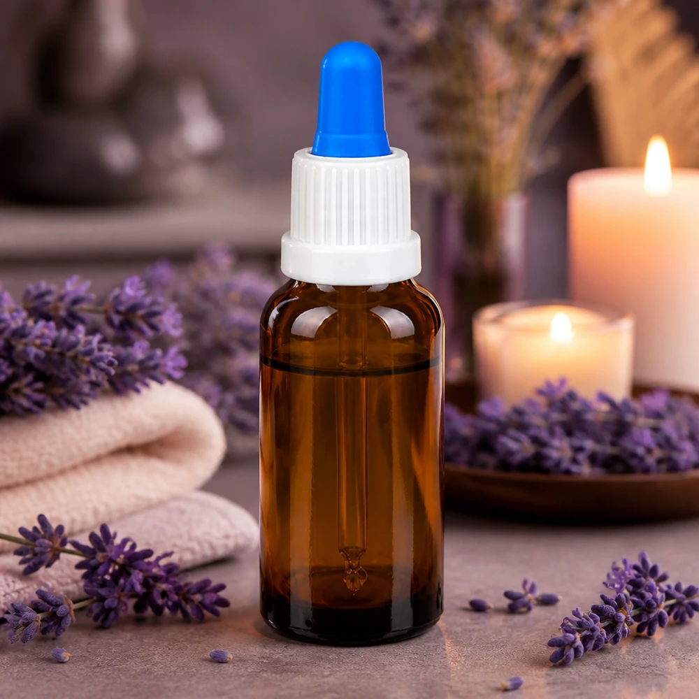 Frasco de vidrio ámbar de 20 ml con punta azul ideal para aceites esenciales y aplicaciones de aromaterapia