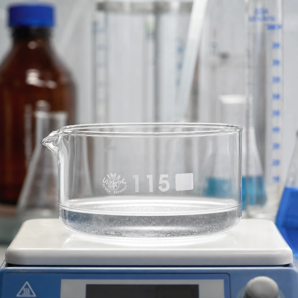 Cubeta de cristalización vacía SIMAX de 500 ml sobre un agitador magnético de laboratorio, de vidrio borosilicato, ø 115 mm