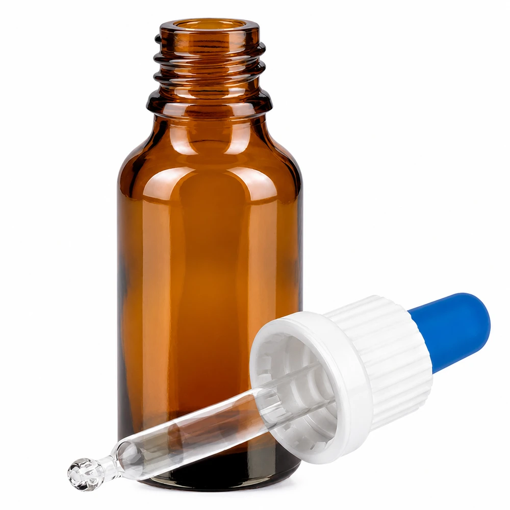 Frasco pipeta 20ml blanco/azul cierre inviolable BrownLine UT18/20 Frasco pipeta BrownLine 20 ml de vidrio ámbar con rosca UT18/20 para un almacenamiento seguro
