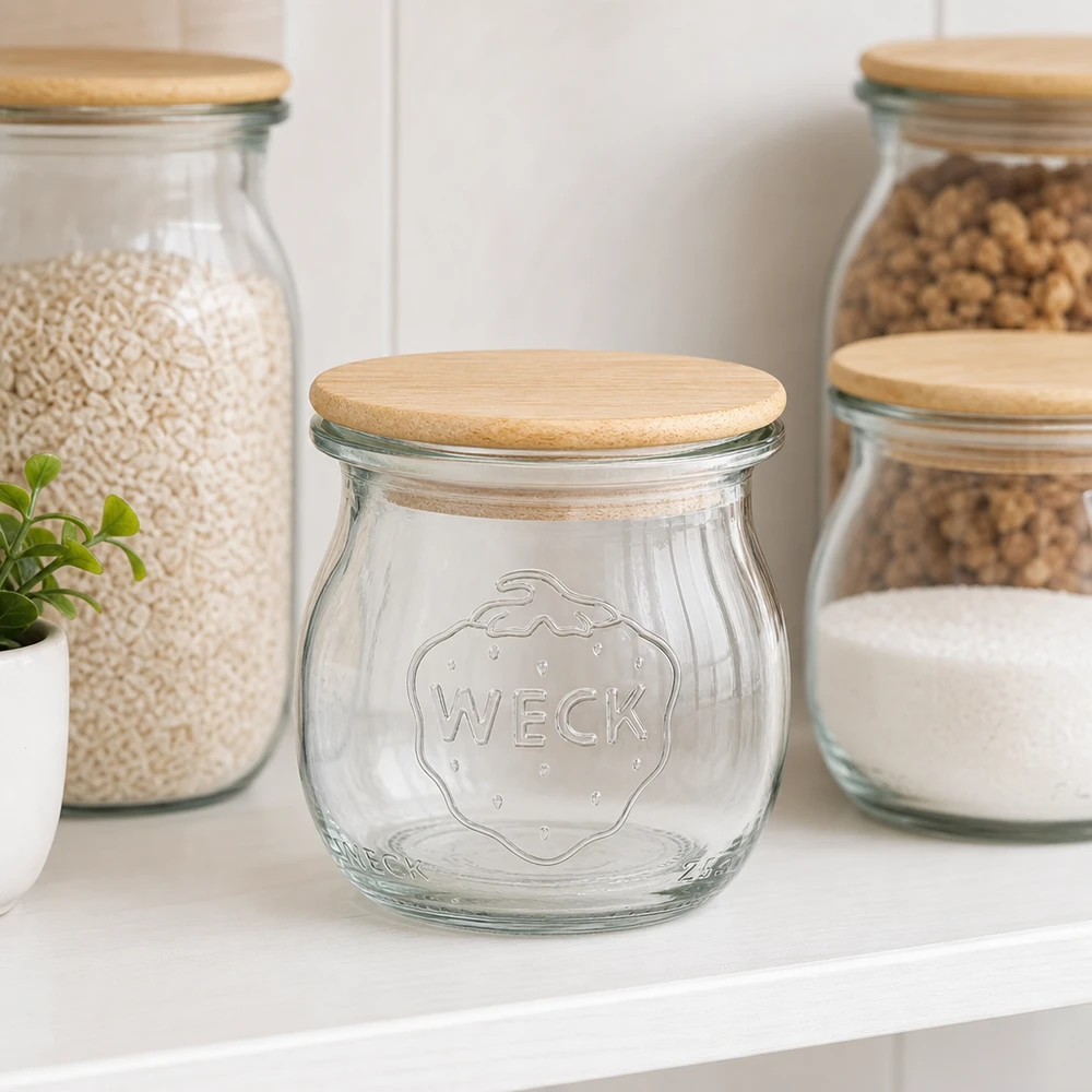Tarro de tulipán de 75ml WECK RR40 con tapa de madera Tarro tulipán WECK 75ml RR40 con tapa de bambú en un elegante interior de cocina junto a tarros de almacenaje llenos