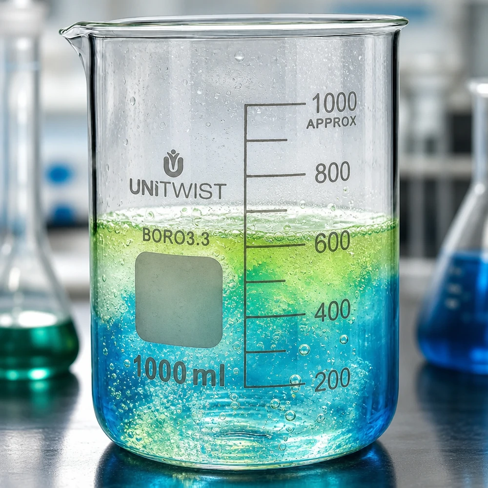 Vaso 1000ml borosilicato, molde bajo UNiTWIST Vaso de precipitados UNiTWIST de 1000 ml de borosilicato con un líquido azul verdoso y formación de burbujas en el laboratorio