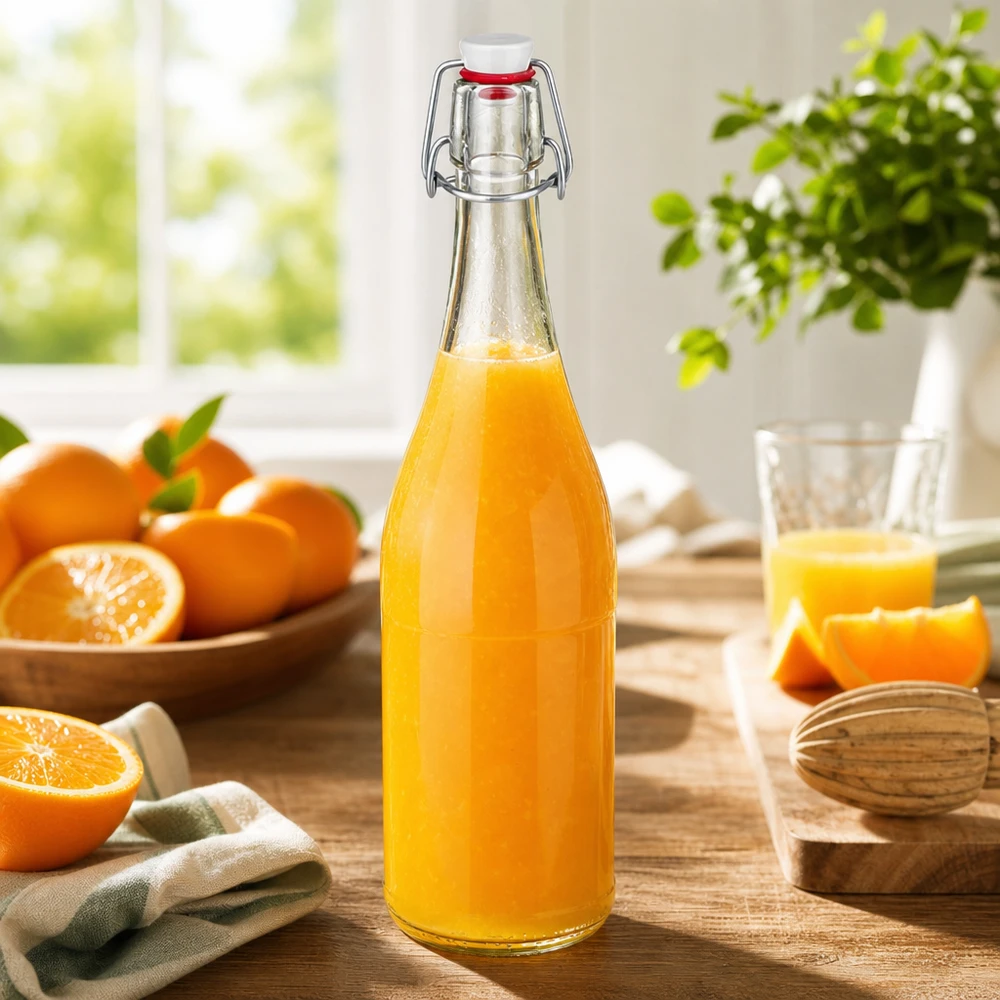 Botella de vidrio 750ml + tapón PVC UNiTWIST 750ml Glasflasche Bügelverschluss mit Orangensaft befüllt Sonnenlicht Frühstückstisch frische Orangen vitaminreich