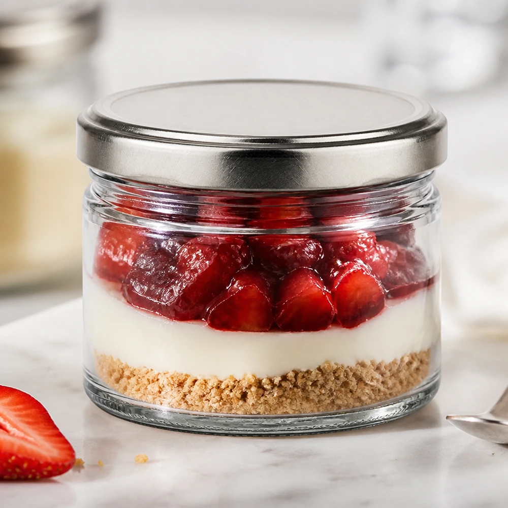 540ml tarro redondo + tapa BasicSeal plata mate UNiTWIST Vaso redondo de 540 ml con tapa plateada como vaso de postre para tarta de queso con fresas en vaso, postre en capas