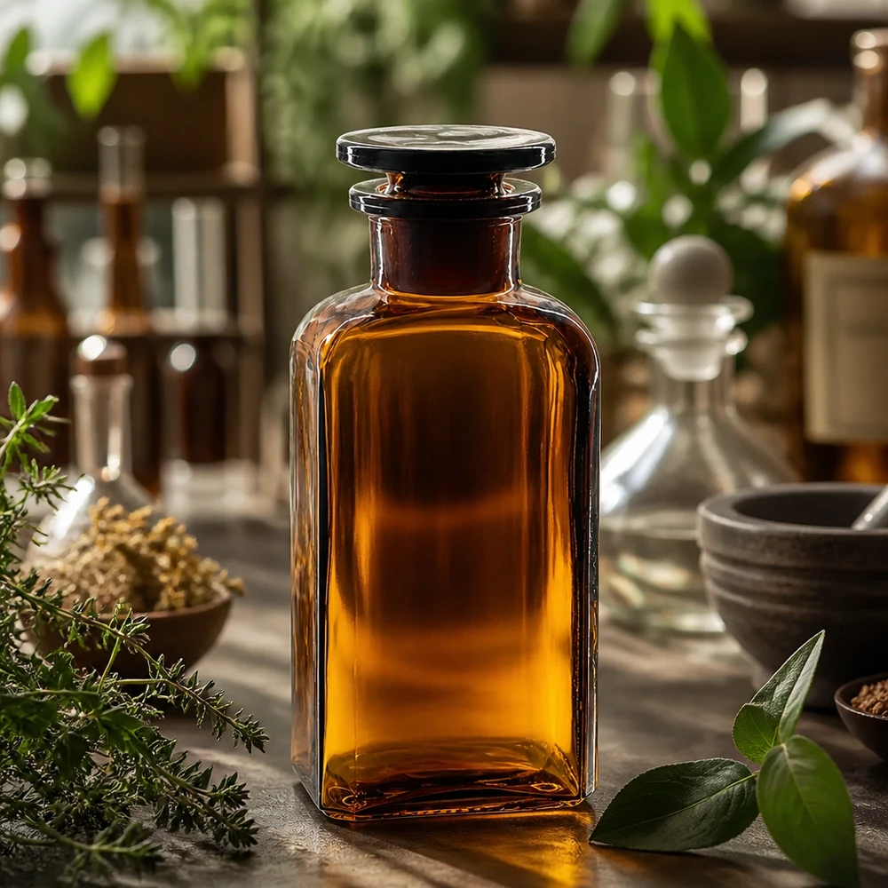 Frasco de farmacia de 250 ml, marrón, de sección cuadrada, con tapón de cristal y protección UV, para aceites y extractos