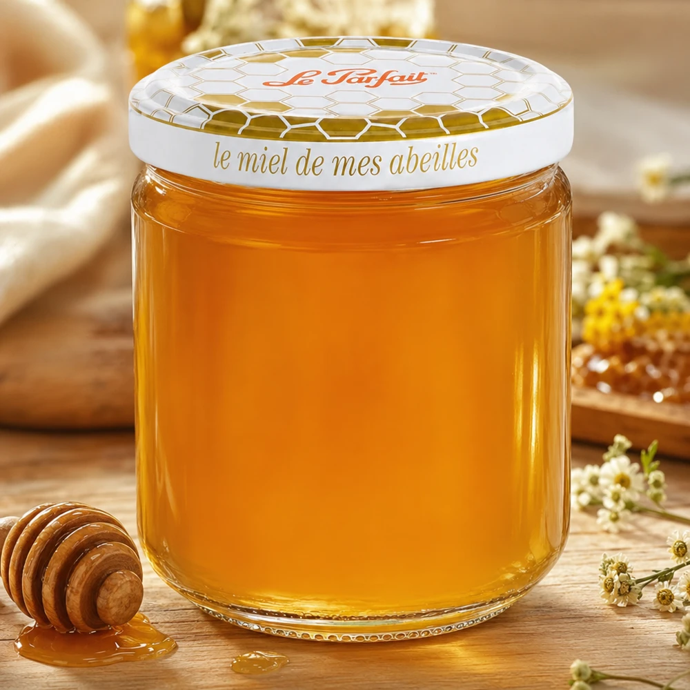 Le Parfait Tarro de miel de 212 ml lleno de miel dorada junto a cuchara de miel y manzanilla sobre mesa de madera