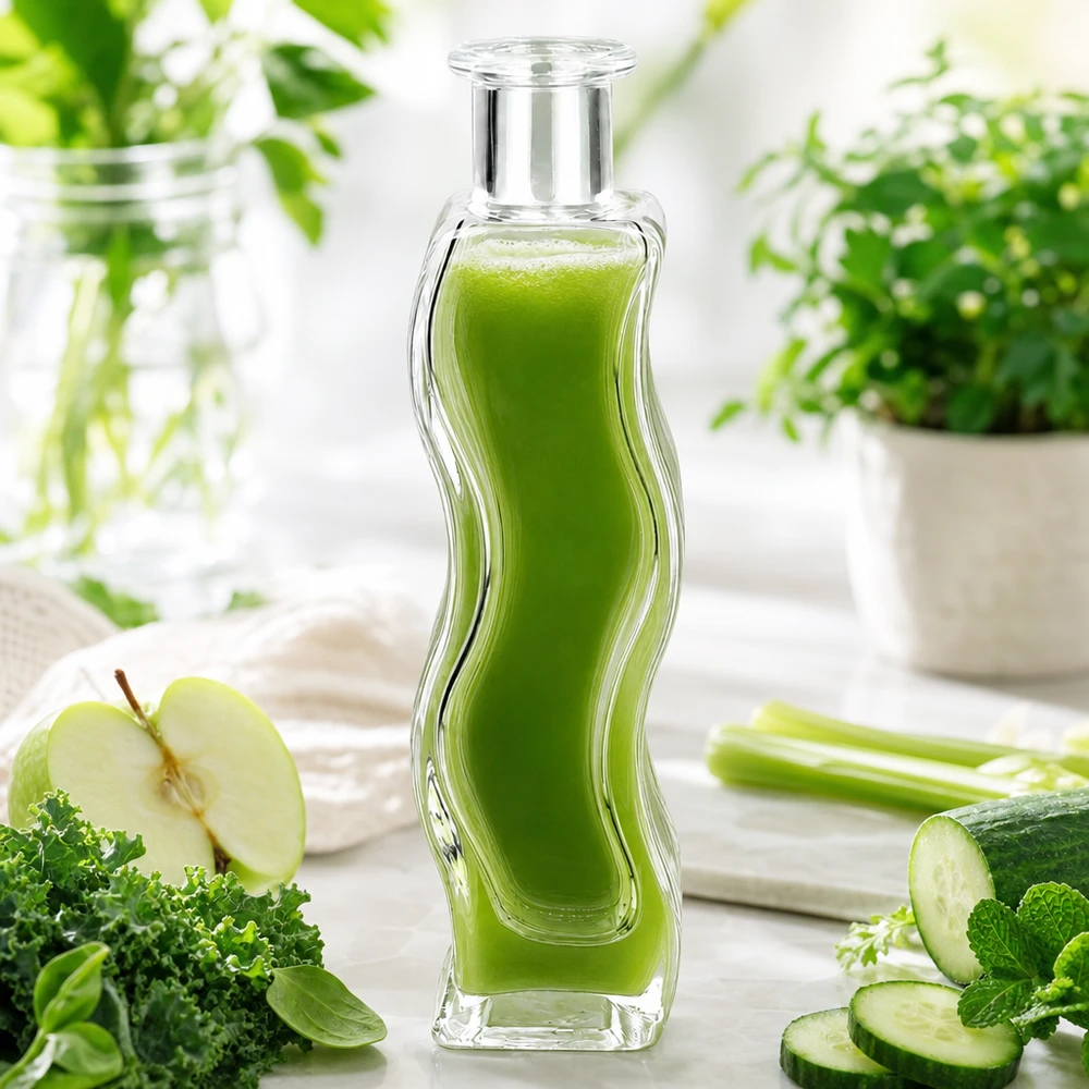 Botella de vidrio de 100 ml «Melissa» sin tapón UNiTWIST® Botella de cristal de 100 ml de Melissa llena de batido verde rodeada de verduras, manzana, pepino y hierbas en una mesa de madera blanca