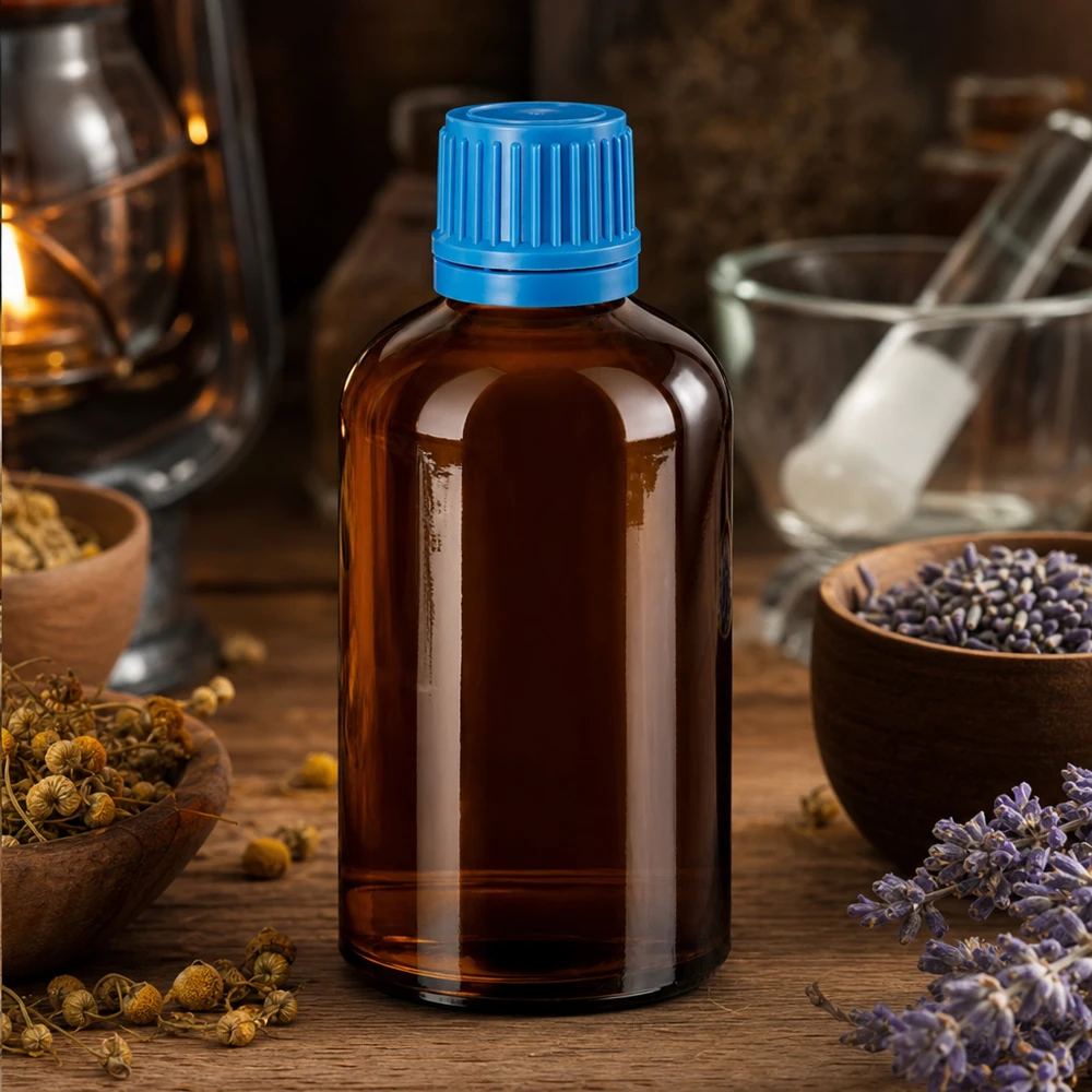 Frasco compacto de vidrio de 100 ml serie BrownLine con cierre inviolable de 11 mm para farmacia