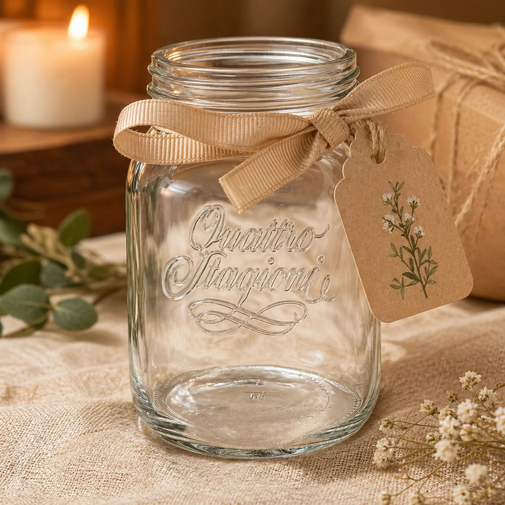 Tarro redondo 2000ml "Quattro Stagioni" QS110mm Elegantes 2000ml Quattro Stagioni Einmachglas mit Schleifenband und Anhänger für Küche und Dekoration