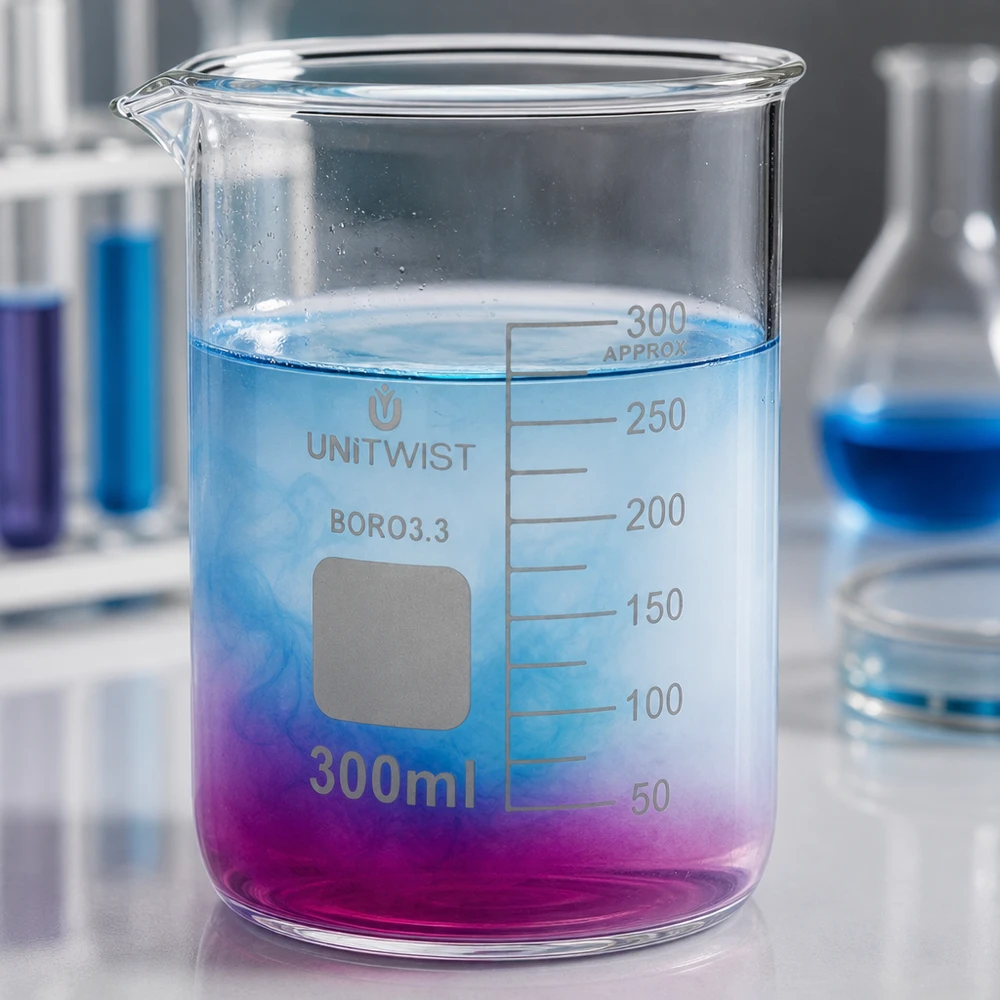 Vaso de borosilicato de 300 ml, de forma baja, con degradado de color azul-violeta, para laboratorio