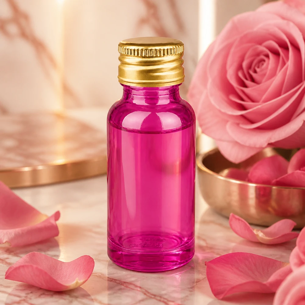 20ml botella 11mm tapón de rosca aluminio oro estándar PurpleLine. UT18/20 Frasco pequeño de 20 ml en color morado con tapón de aluminio dorado ideal para cosméticos y perfumes