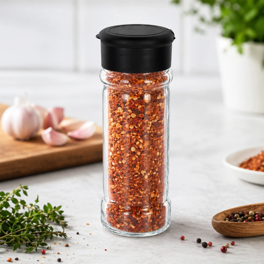Frasco de copos de chile de 100 ml con tapa dosificadora negra, junto a hierbas frescas y ajo
